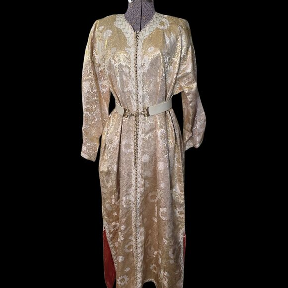 Stunning 1960's-70's Moroccan Gold Metallic & Off-White Rayon Brocade Kaftan - Picture 1 of 10
